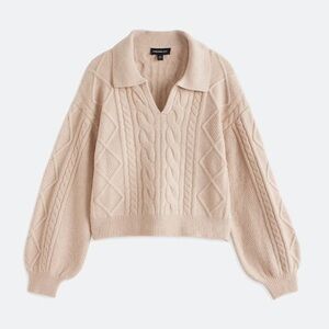 Elegant V-Neck Cable Knit Sweater - Beige